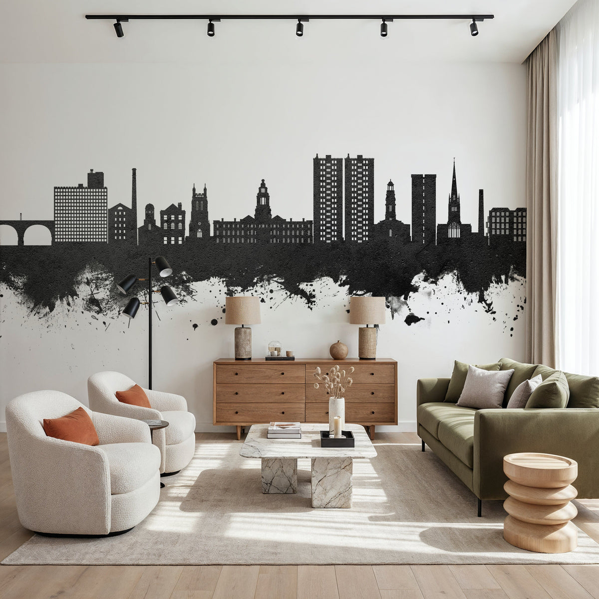 Stockport England Skyline Black & White Mural Wallpaper - room preview 06