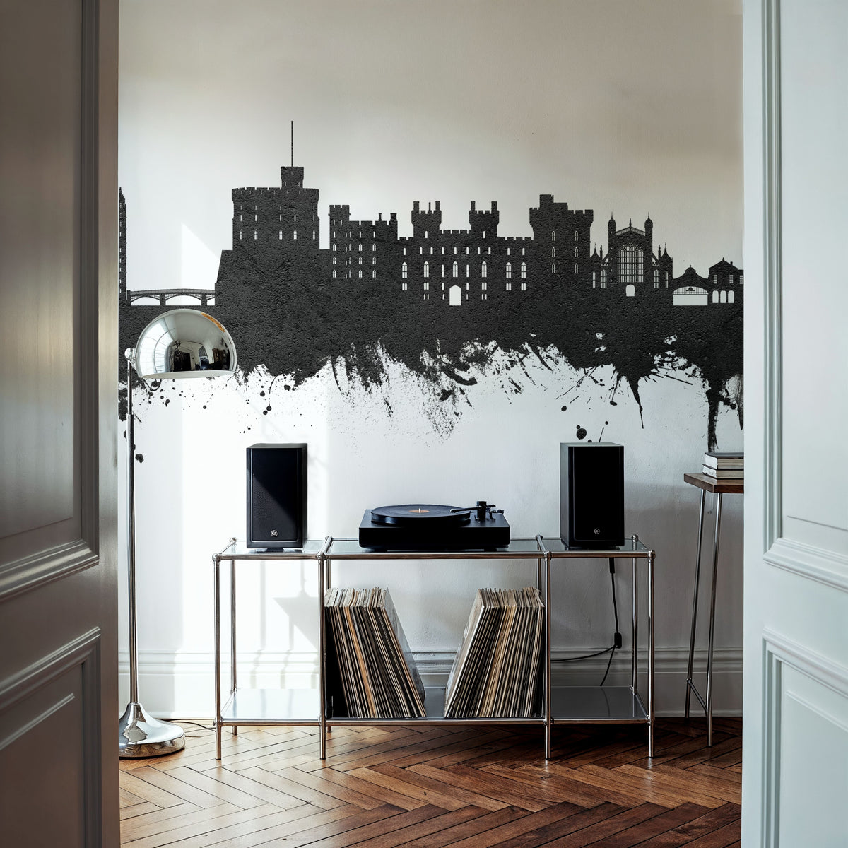 Windsor England Skyline Black & White Mural Wallpaper - room preview 06