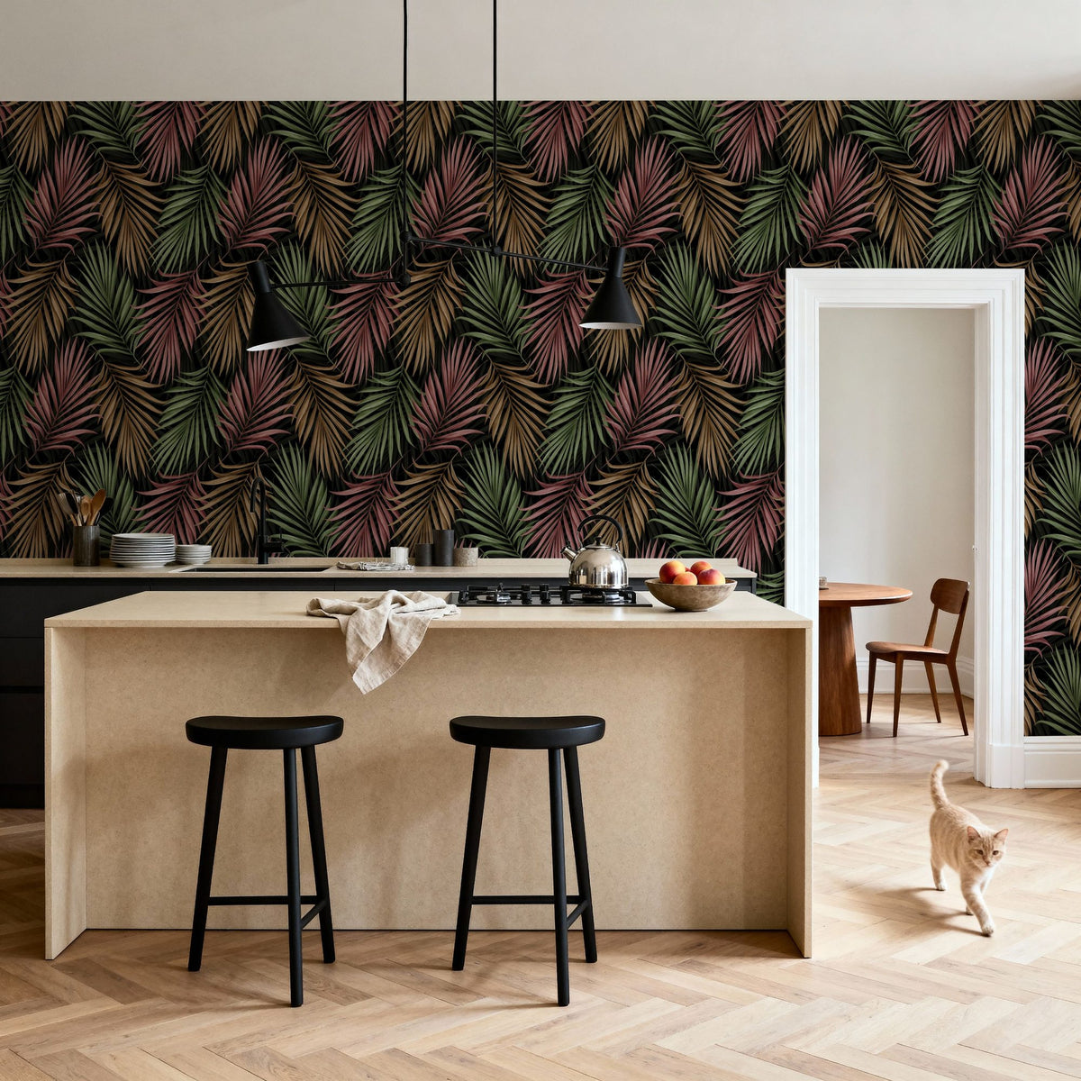 Bright Palms Pattern, Plum & Brown Mural Wallpaper - room preview 06