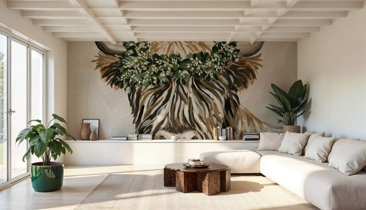 Harvest Cow Sage Square Mural Wallpaper - room preview 06