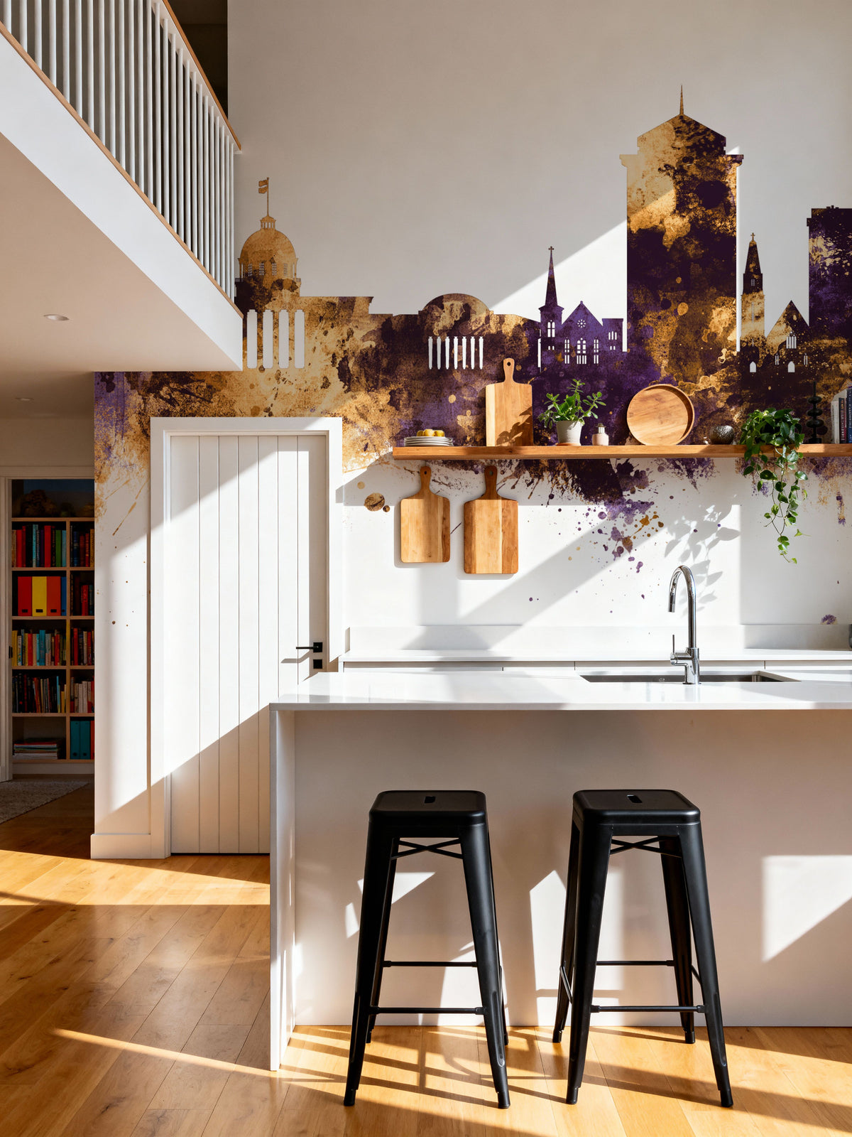Montgomery Alabama Skyline Purple & Gold Mural Wallpaper - room preview 06