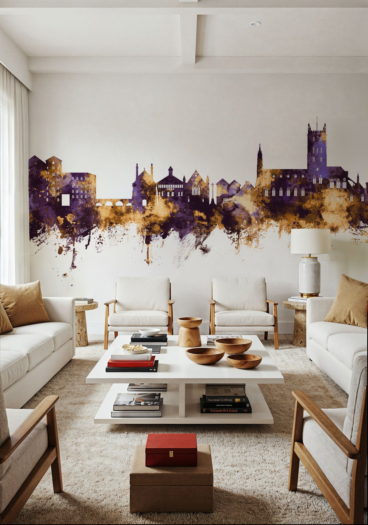 Tewkesbury England Skyline Purple & Gold Mural Wallpaper - room preview 06