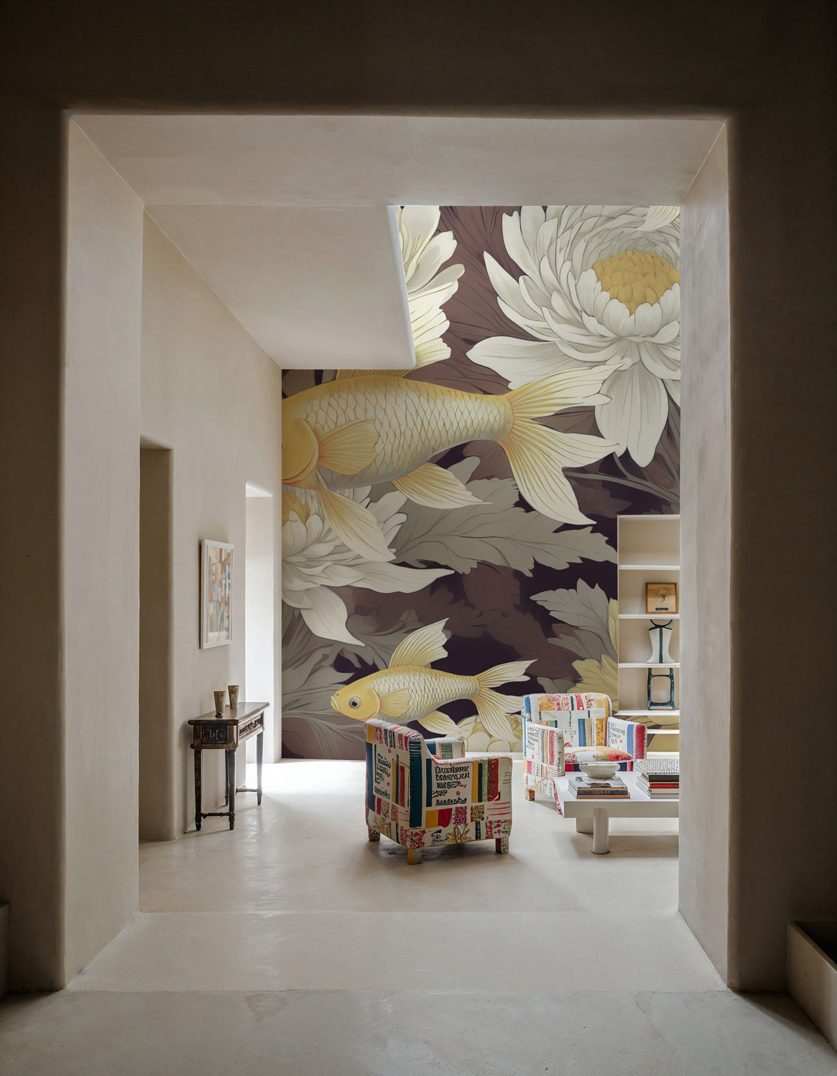 Dancing Fish, Yellow on Brown Mural Wallpaper - room preview 06