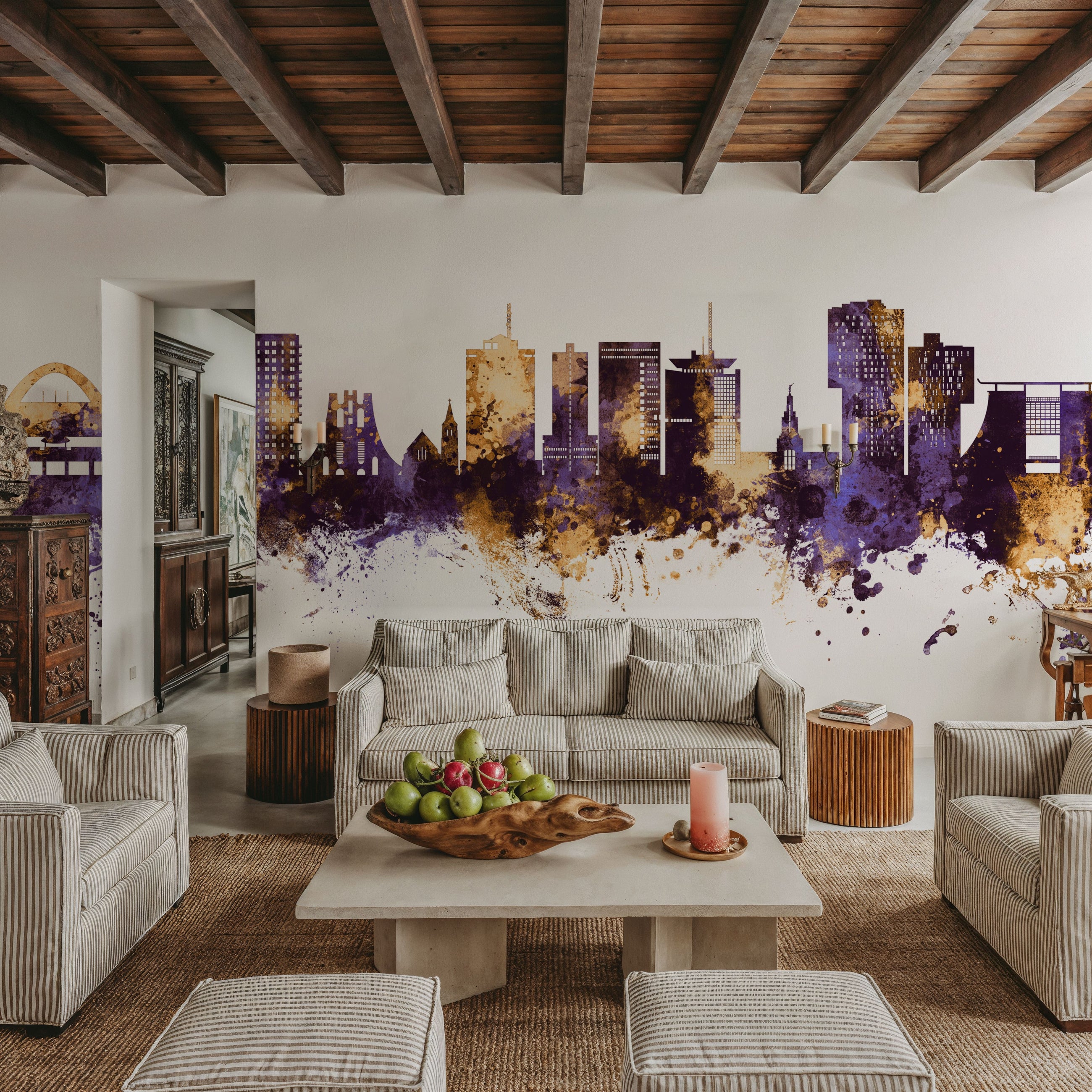 Accra Ghana Skyline Purlpe & Gold Mural Wallpaper