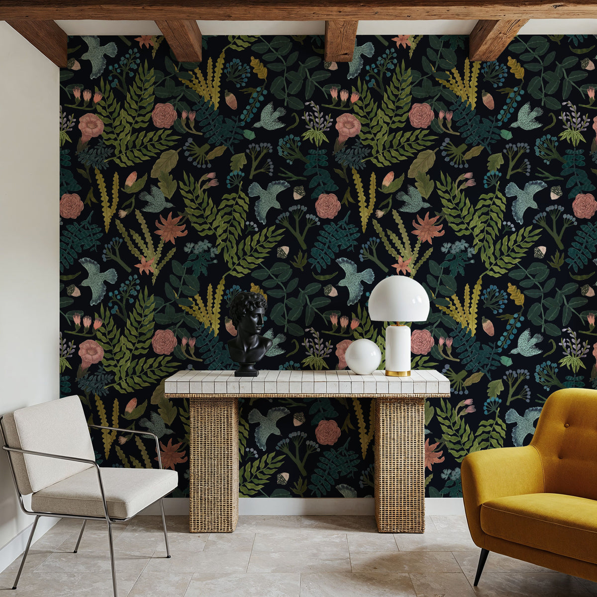 Wonderland Birds, Dark Mural Wallpaper - room preview 06