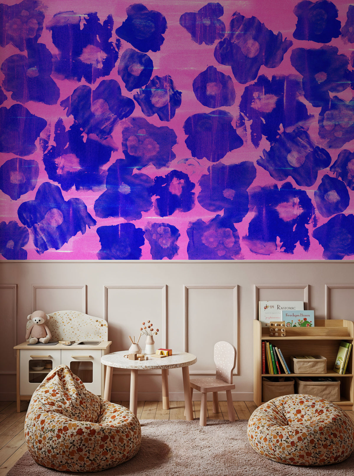 Flower Poufs, Indigo on Pink Mural Wallpaper - room preview 06