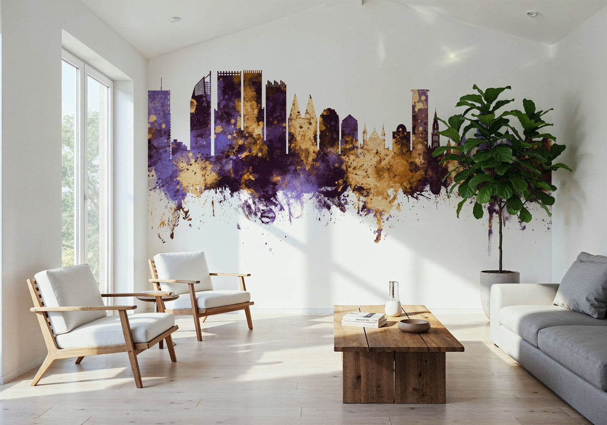 The Hauge Netherlands Skyline Purple & Gold Mural Wallpaper - room preview 06