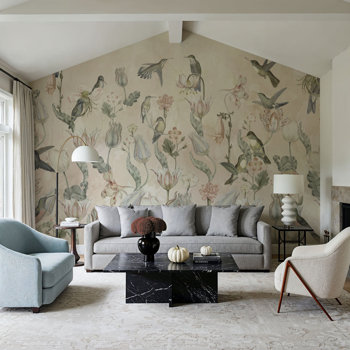 Tulips & Birds, Beige Mural Wallpaper - room preview 06