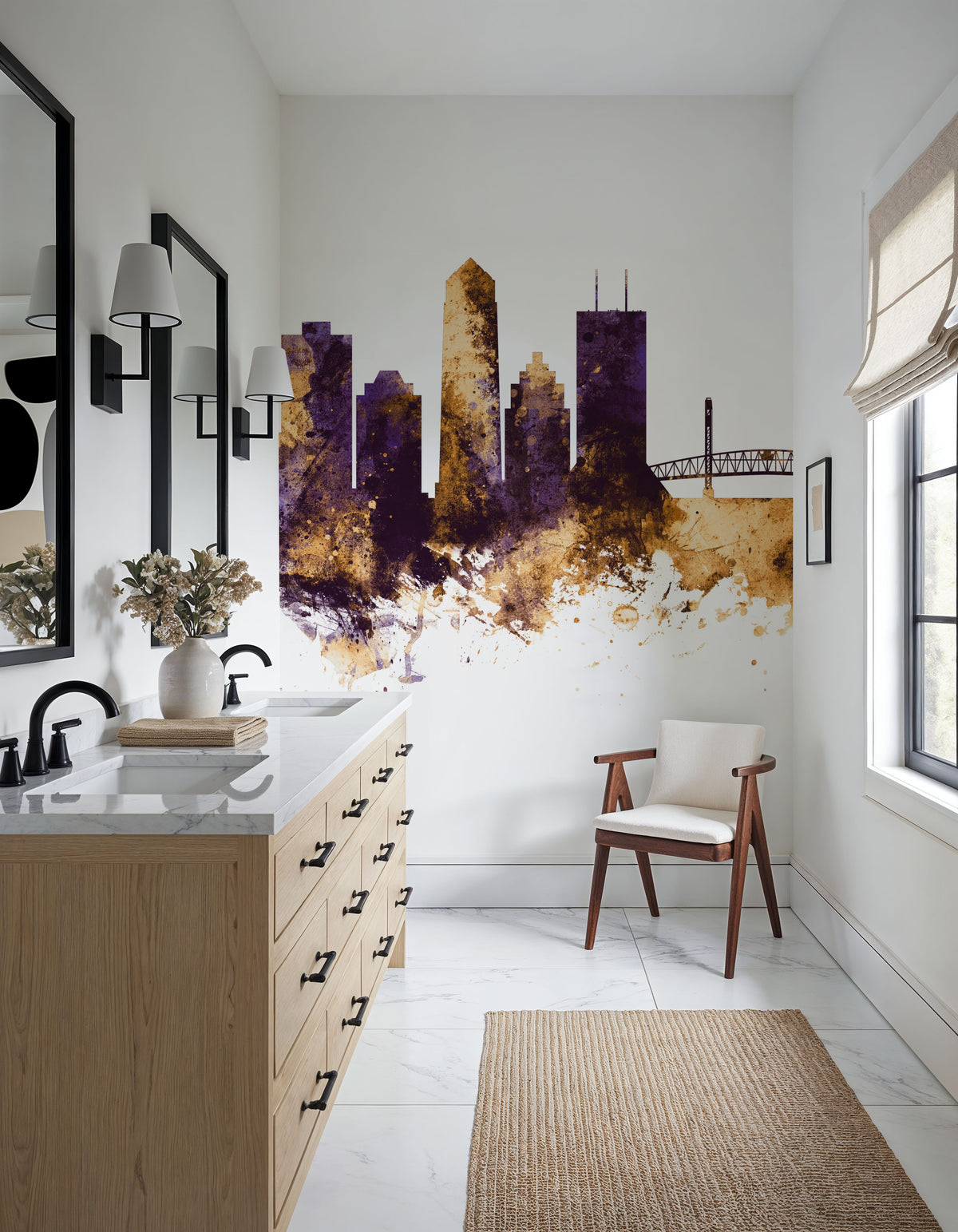 Jacksonville Florida Skyline Purple & Gold Mural Wallpaper - room preview 06