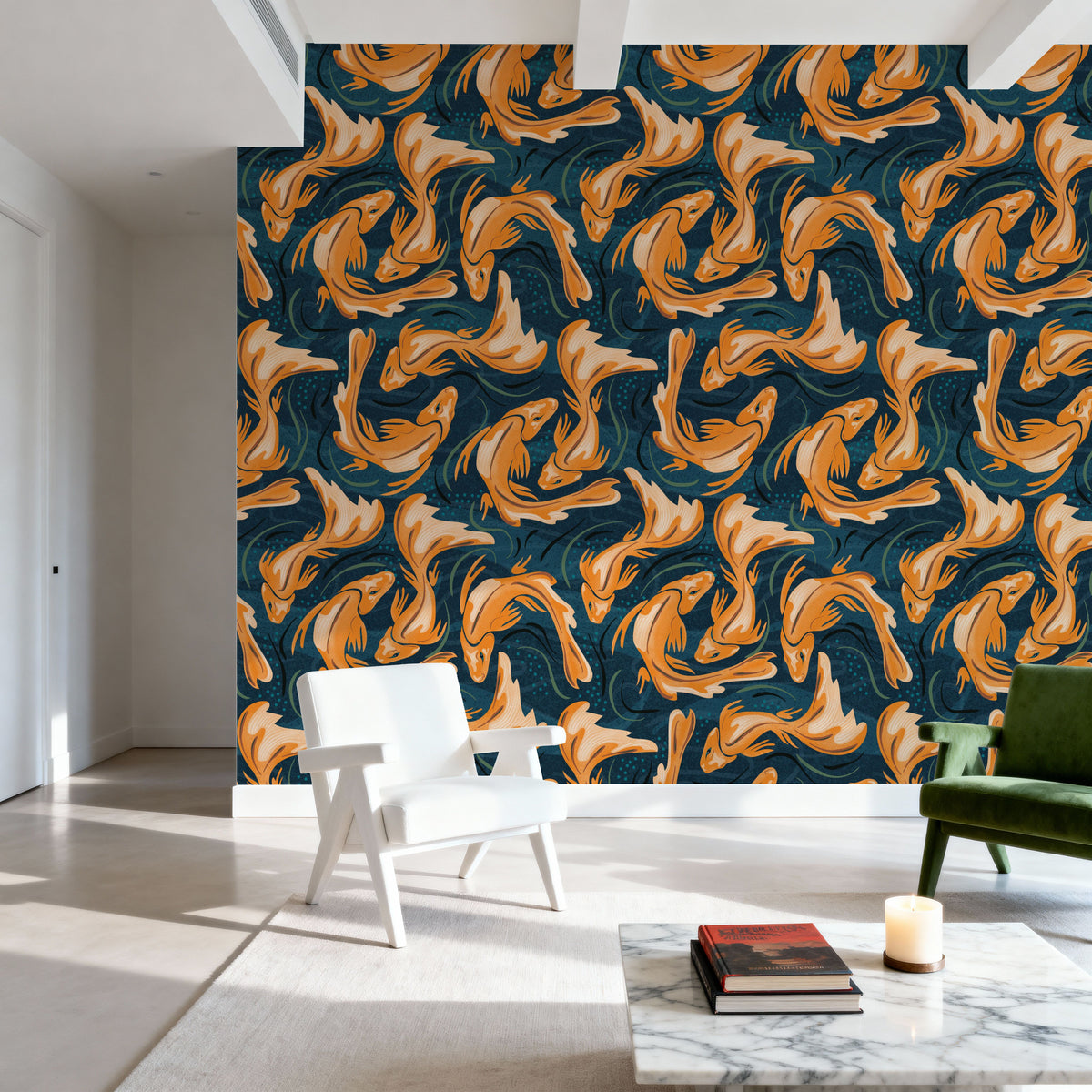 Koi Fish, Ocean Blue Mural Wallpaper - Red Tone - room preview 06