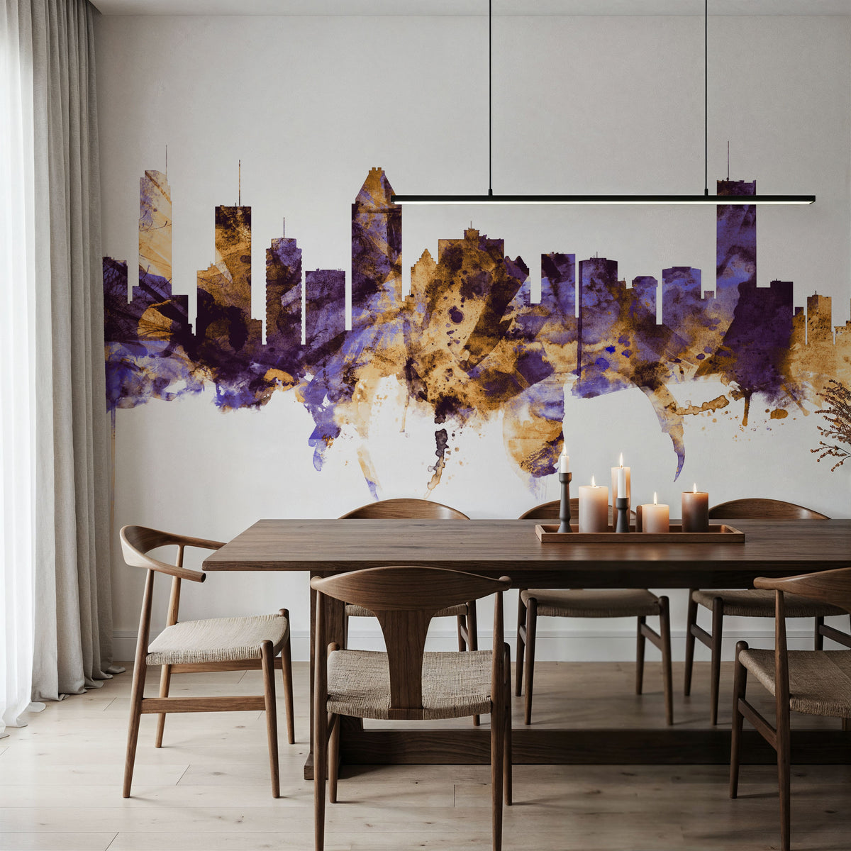 Montreal Canada Skyline Purple & Gold Mural Wallpaper - room preview 06