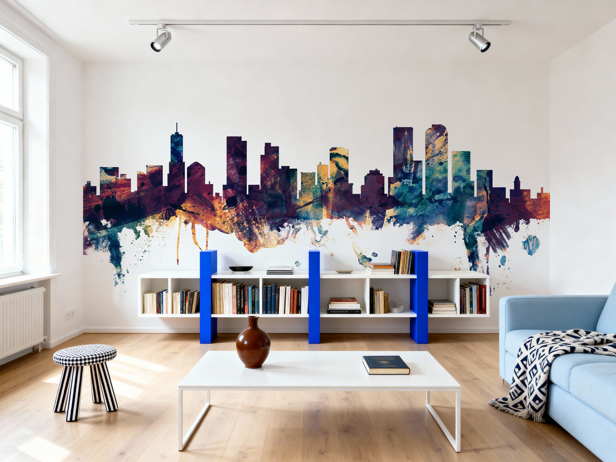 Denver Skyline Blue & Bronze Mural Wallpaper - room preview 06