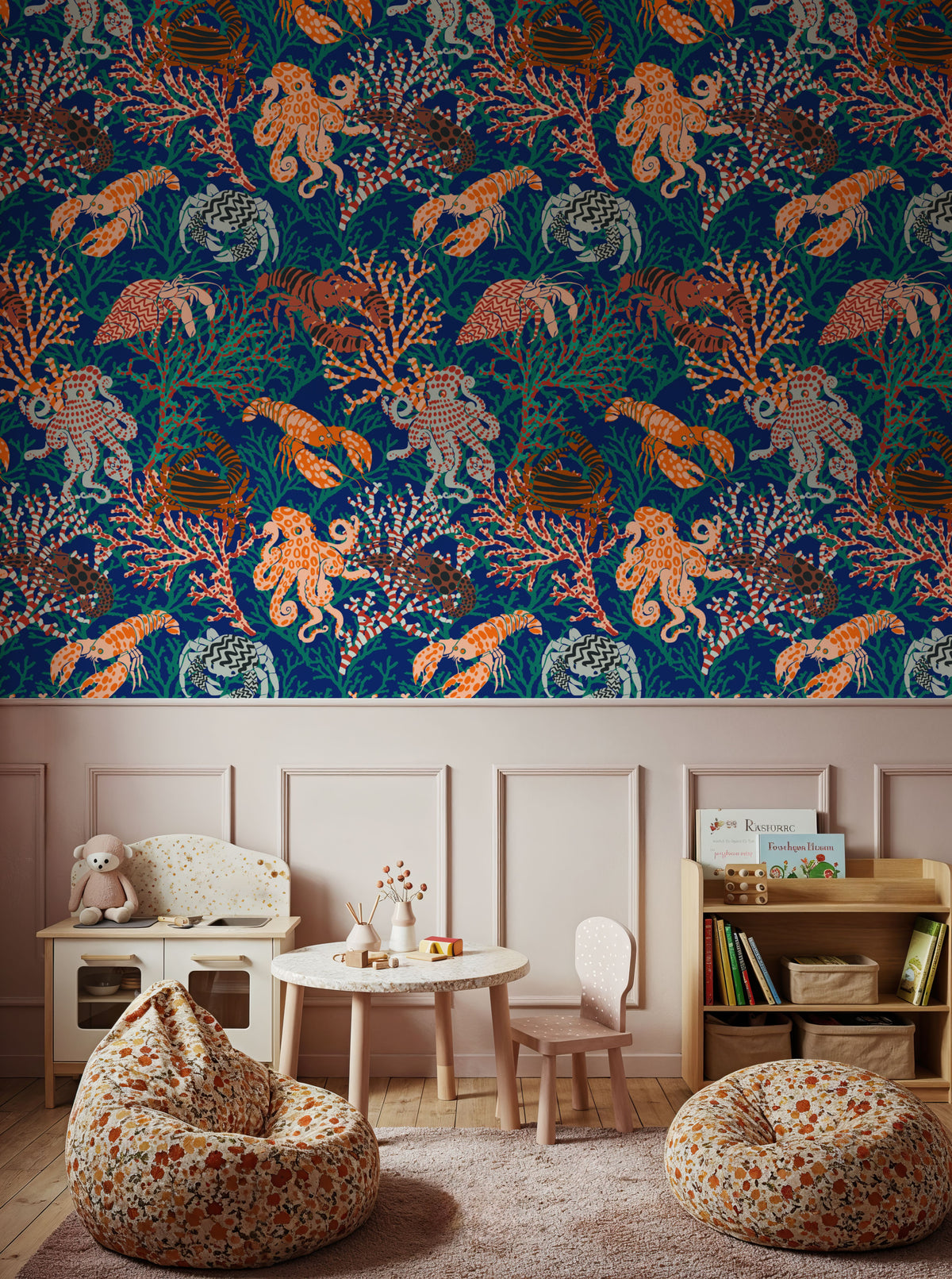 Vibrant Coral Reef, Blue and Orange Mural Wallpaper - room preview 06