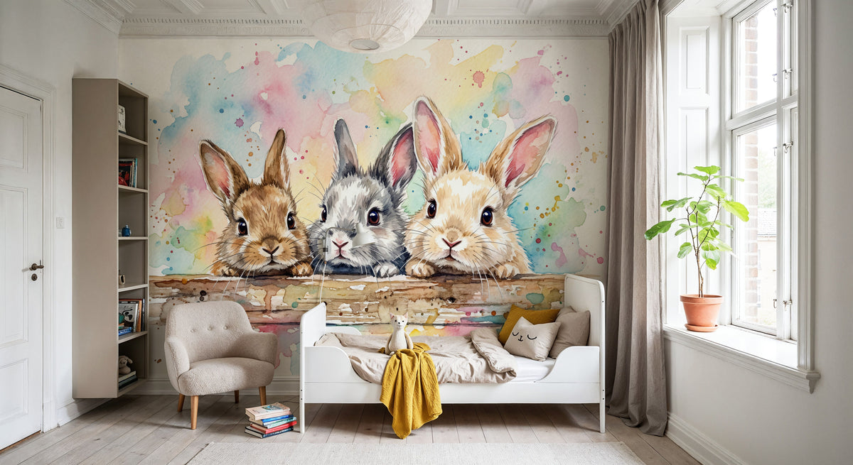 Rabbits II - Cute Baby Animals Series Mural Wallpaper - room preview 06
