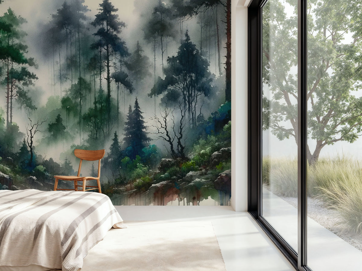 Foggy Lush Forest with Dense Trees Mural Wallpaper - room preview 06