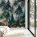 Foggy Lush Forest with Dense Trees Mural Wallpaper - room preview 06