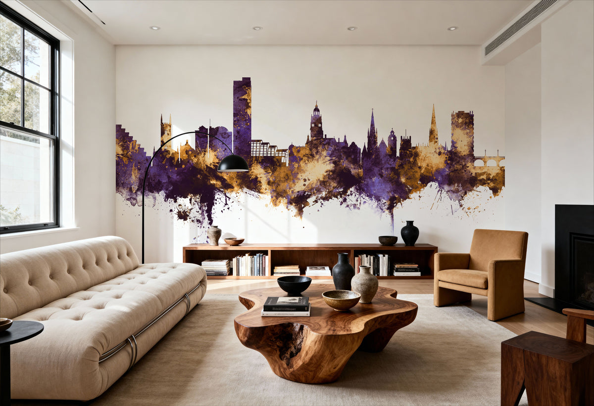 Sheffield England Skyline Purple & Gold Mural Wallpaper - room preview 06