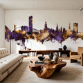 Sheffield England Skyline Purple & Gold Mural Wallpaper - room preview 06