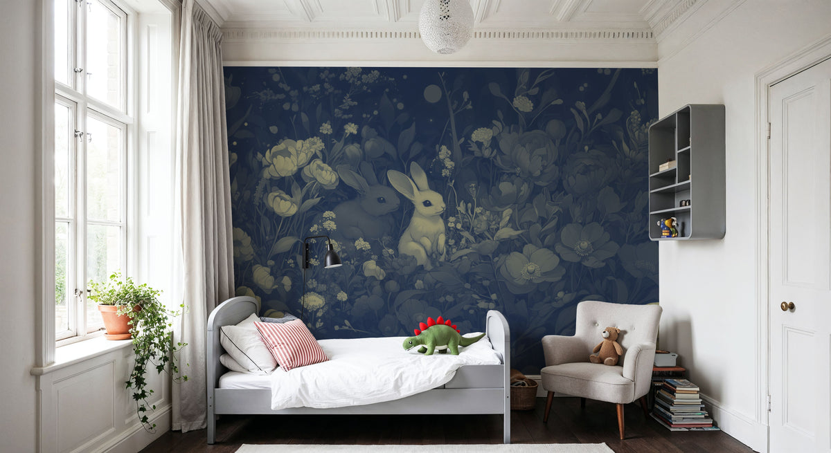 Rabbits Blue Mural Wallpaper - room preview 06