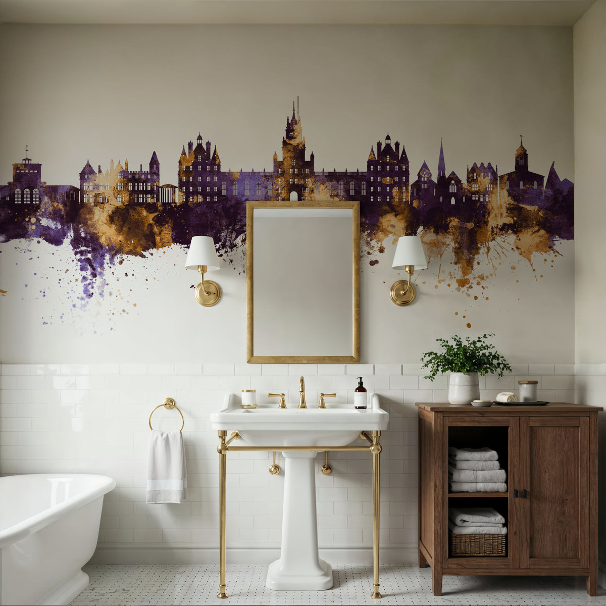 Egham England Skyline Purple & Gold Mural Wallpaper - room preview 06