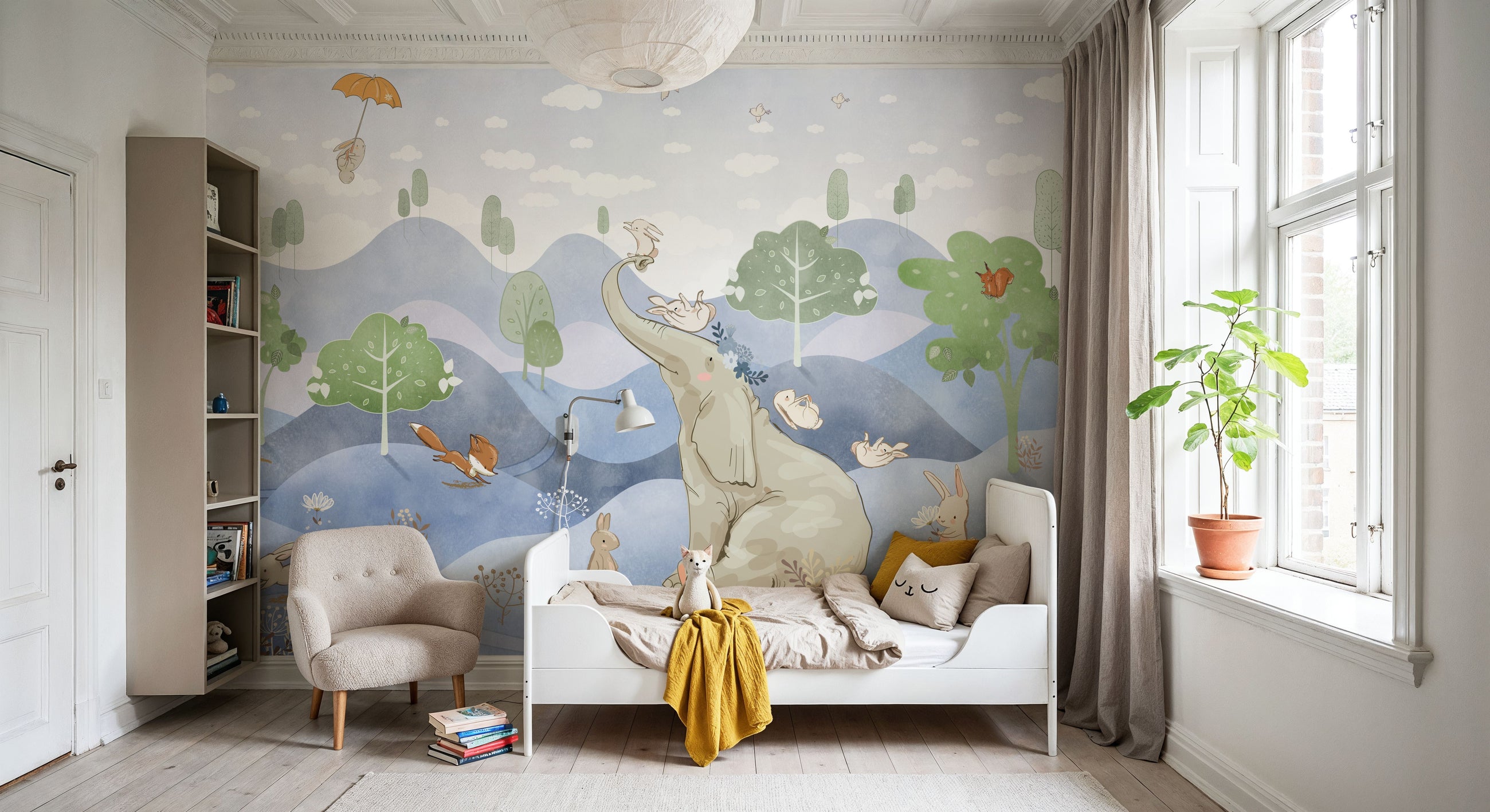 Bunny Friends, Blue Mural Wallpaper