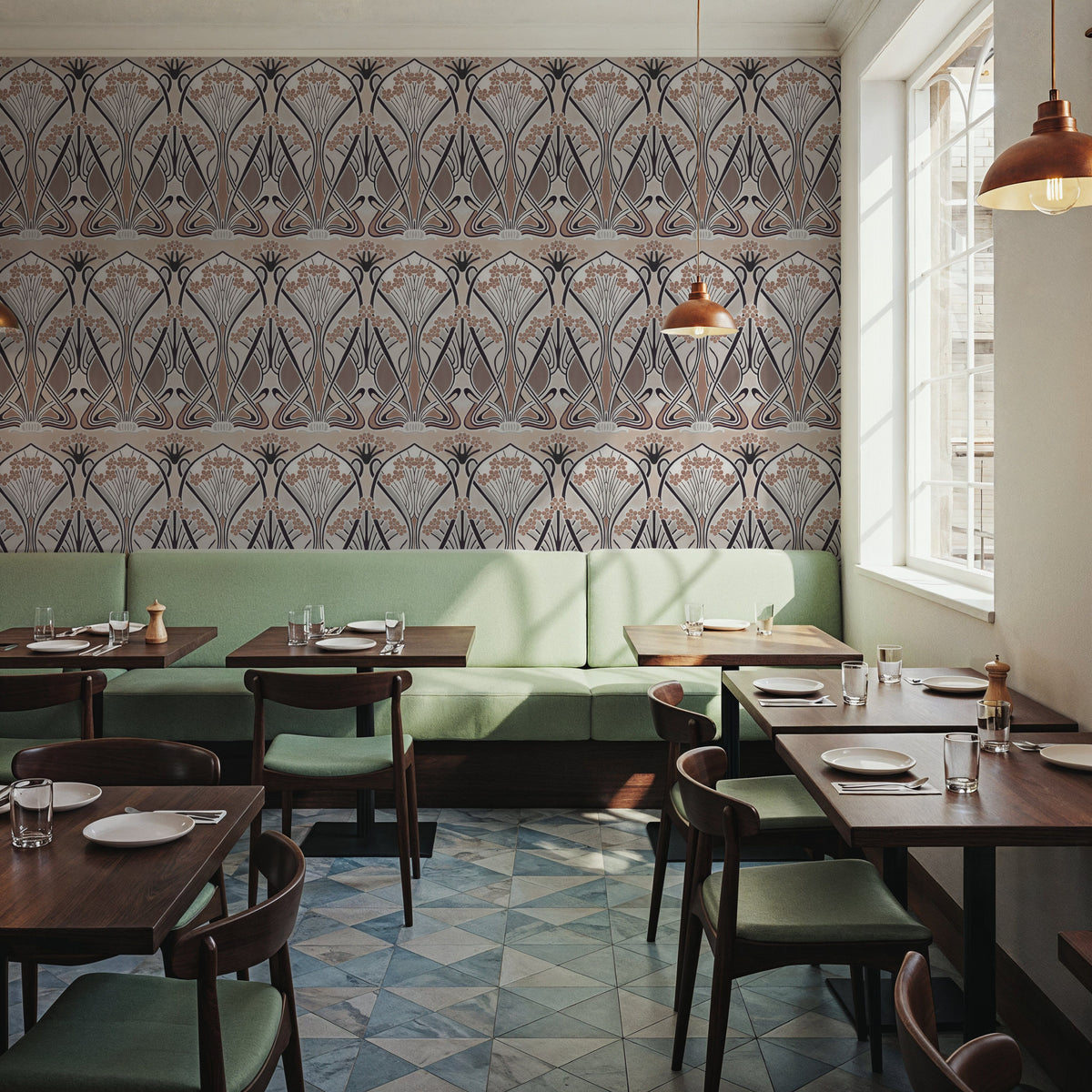 Floral Art Deco Aura, Walnut Dust Mural Wallpaper - room preview 06