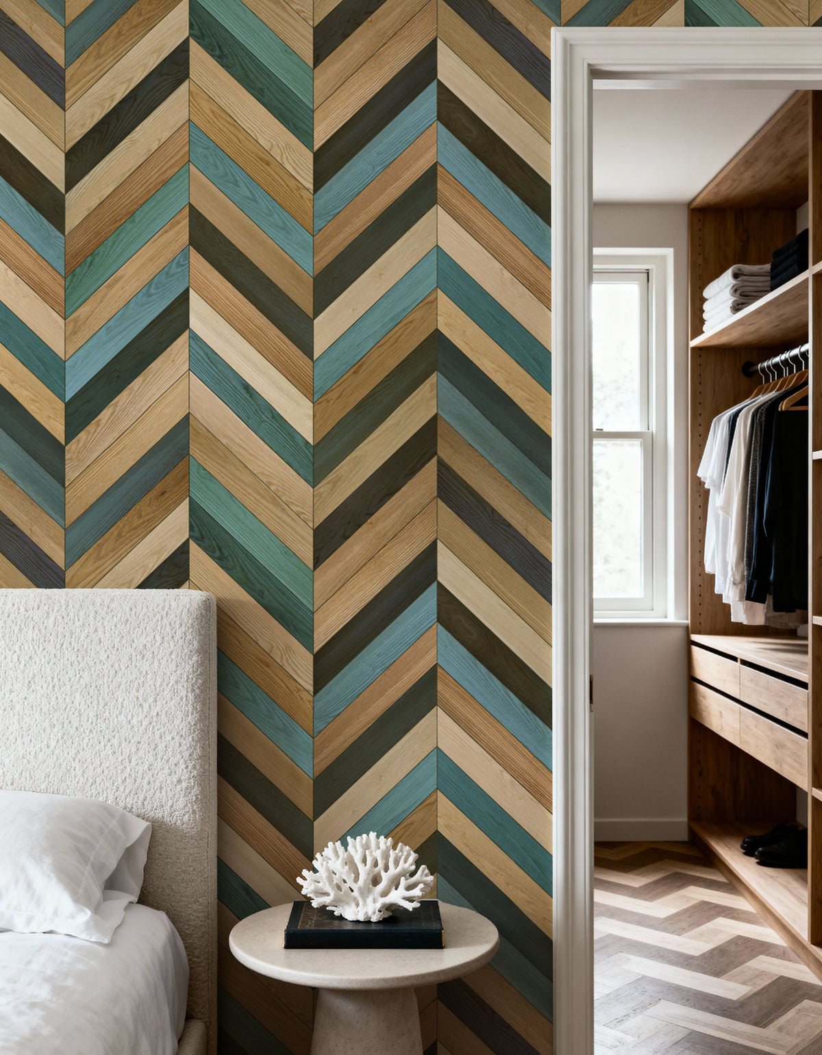 Chevron Wood, Teal Mural Wallpaper - room preview 06