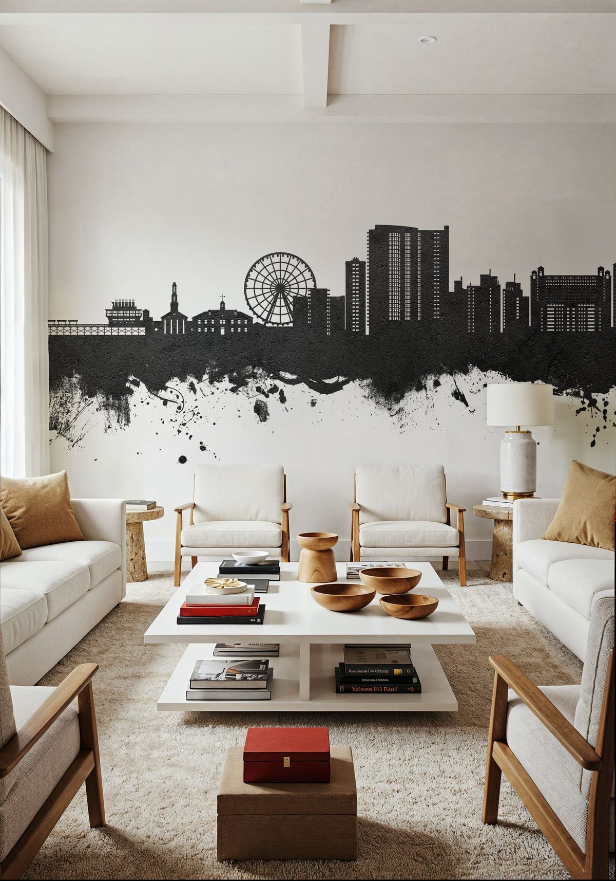 Myrtle Beach South Carolina Skyline Black & White Mural Wallpaper - room preview 06