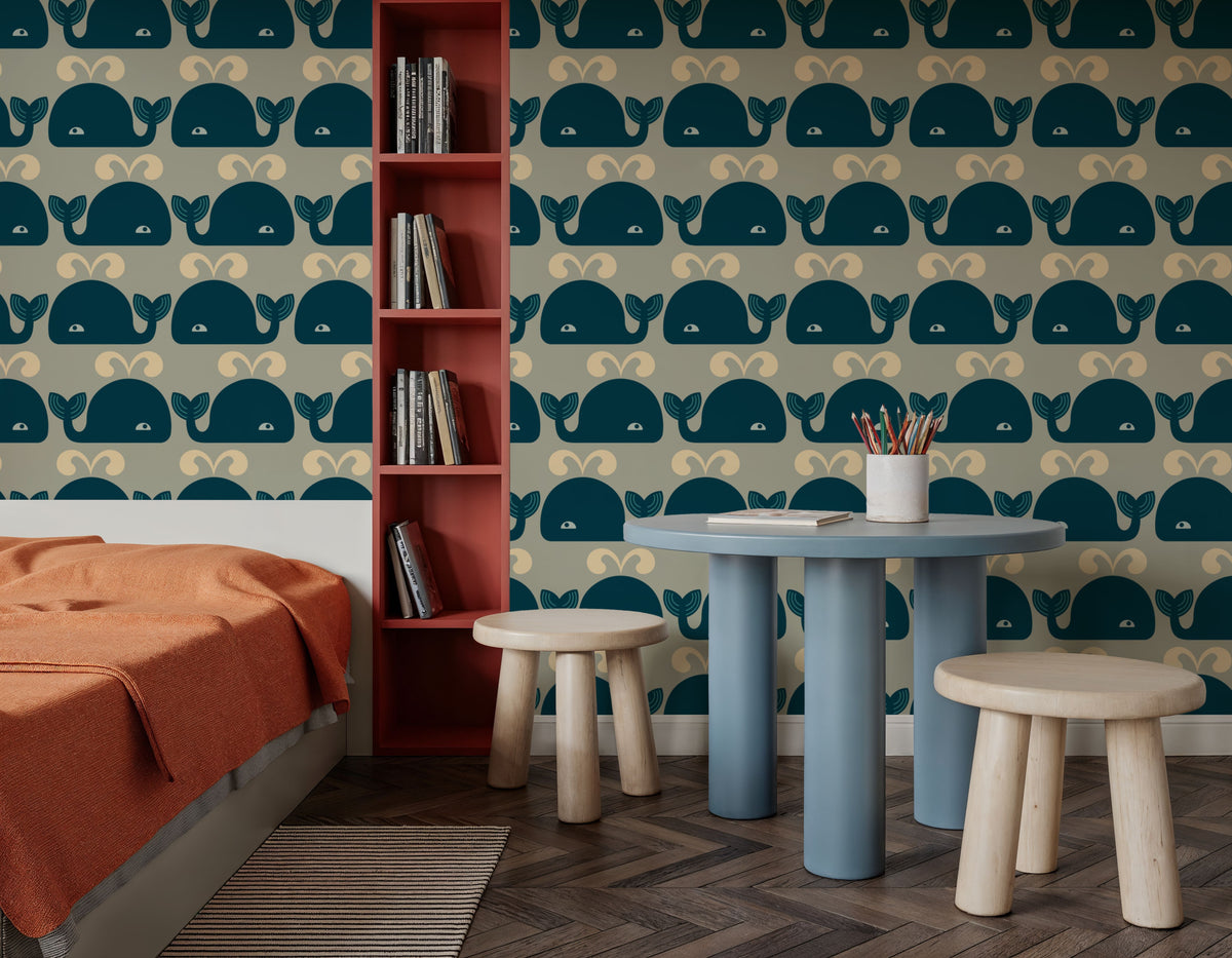 Wandering Whales, Teal Mural Wallpaper - room preview 06
