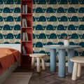 Wandering Whales, Teal Mural Wallpaper - room preview 06