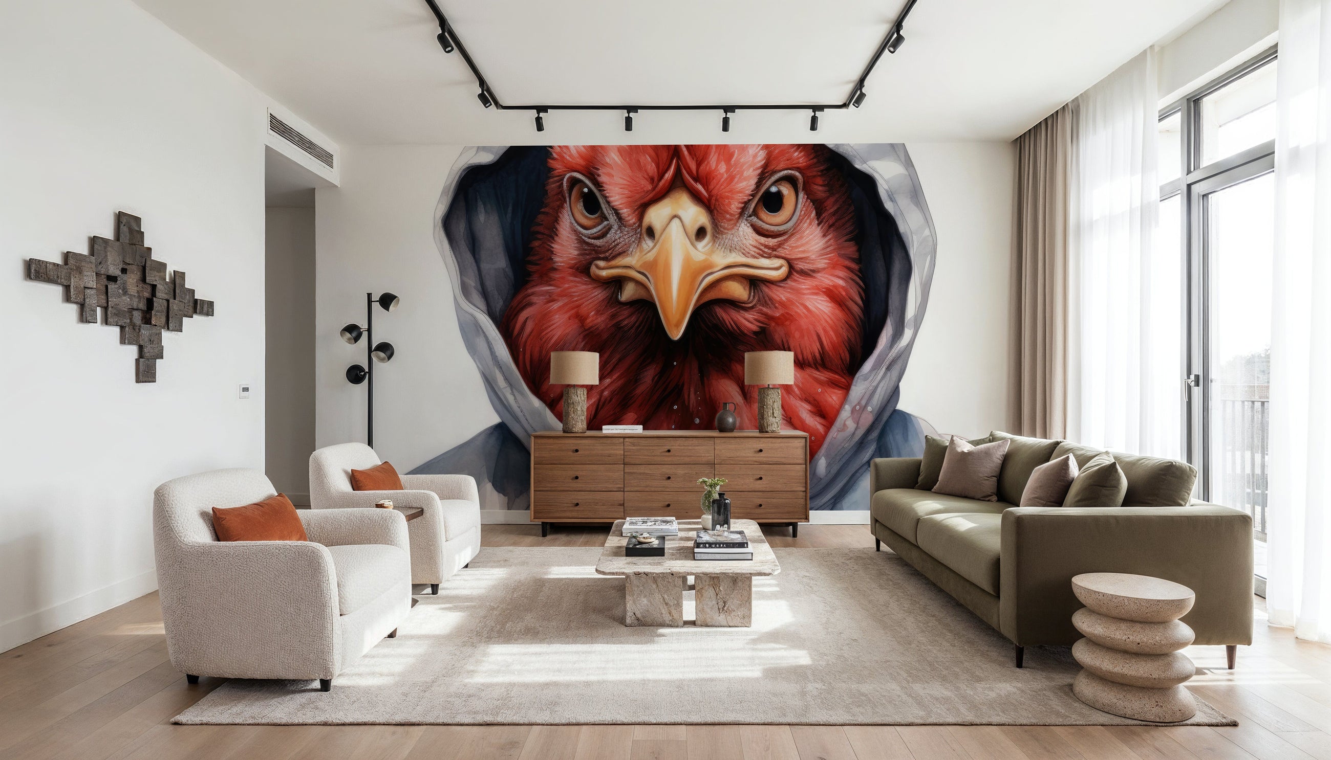Watercolor Cartoon Chicken in a Hoodie Mural Wallpaper