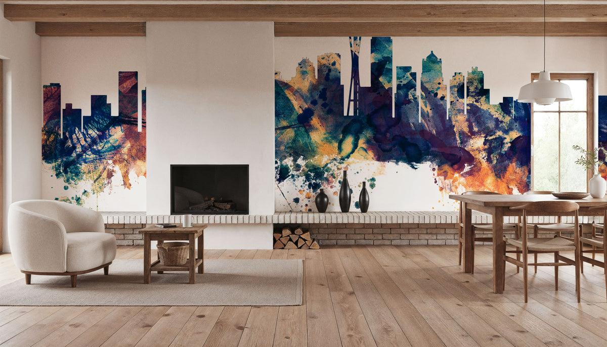 Seattle Skyline Blue & Bronze Mural Wallpaper - room preview 06