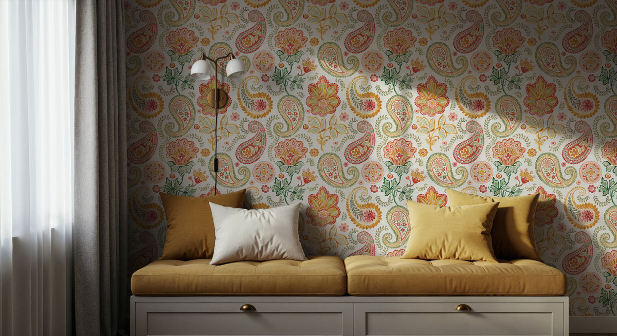 Harvest Paisley Mini White Mural Wallpaper - room preview 06
