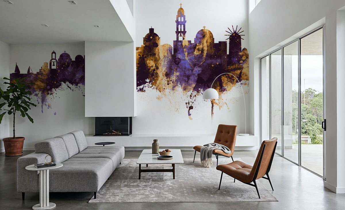 Santorini Skyline Purple & Gold Mural Wallpaper - room preview 06