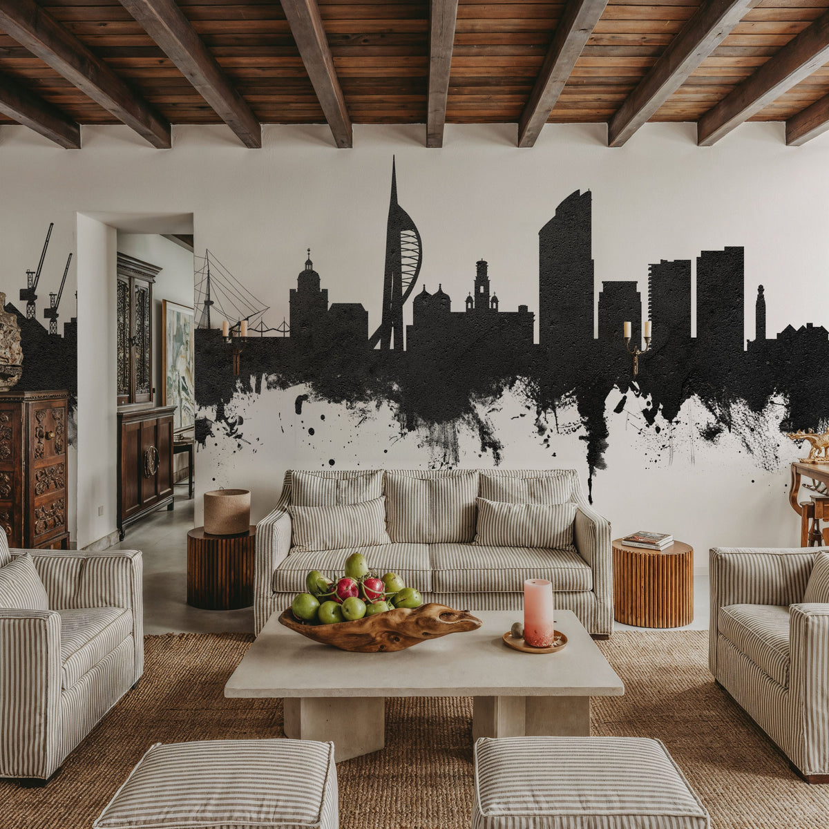 Portsmouth England Skyline Black & White Mural Wallpaper - room preview 06