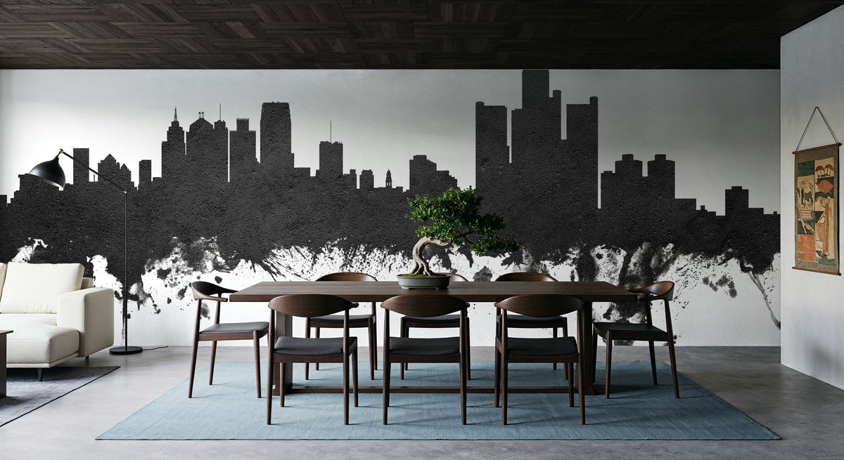 Detroit Michigan Skyline Black & White Mural Wallpaper - room preview 06