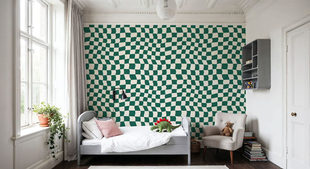 Warped Checkerboard, Forest Green Mural Wallpaper - room preview 06