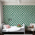 Warped Checkerboard, Forest Green Mural Wallpaper - room preview 06
