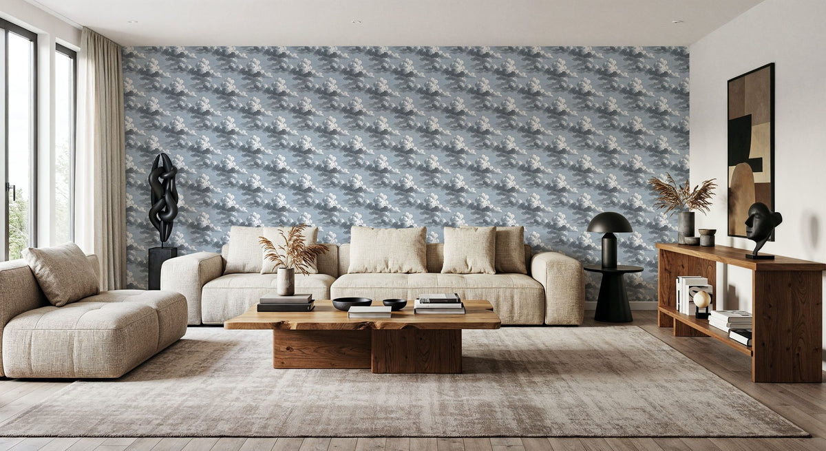 Intaglio Clouds Pattern, Ink Blue Mural Wallpaper - room preview 06