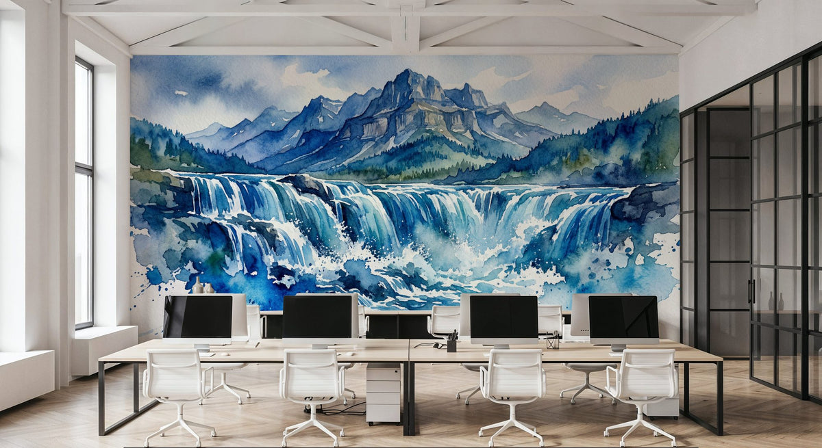 Nordic Waterfall - Watercolor Landscapes Series Mural Wallpaper - room preview 06