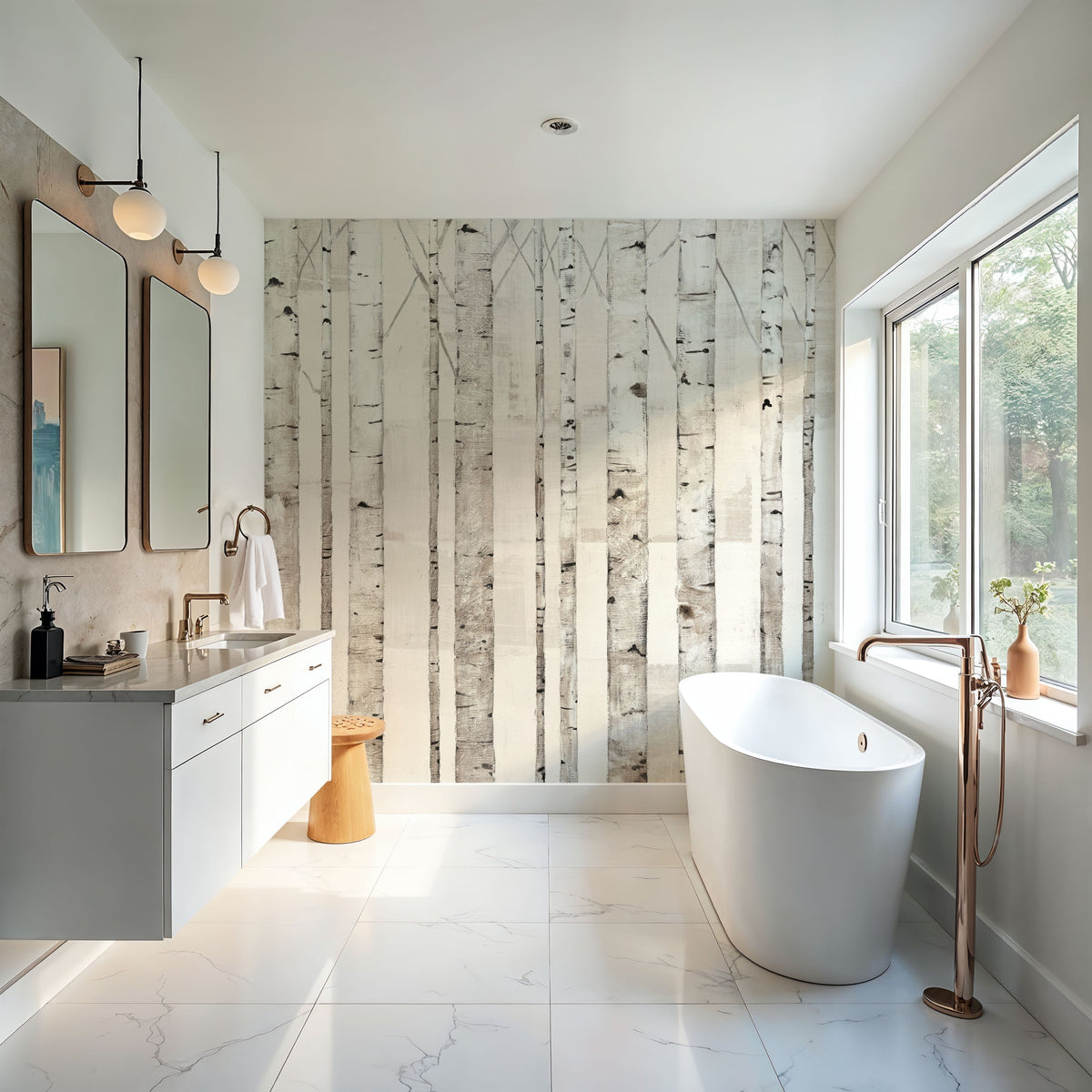 Birch Trees on White Mural Wallpaper - room preview 06