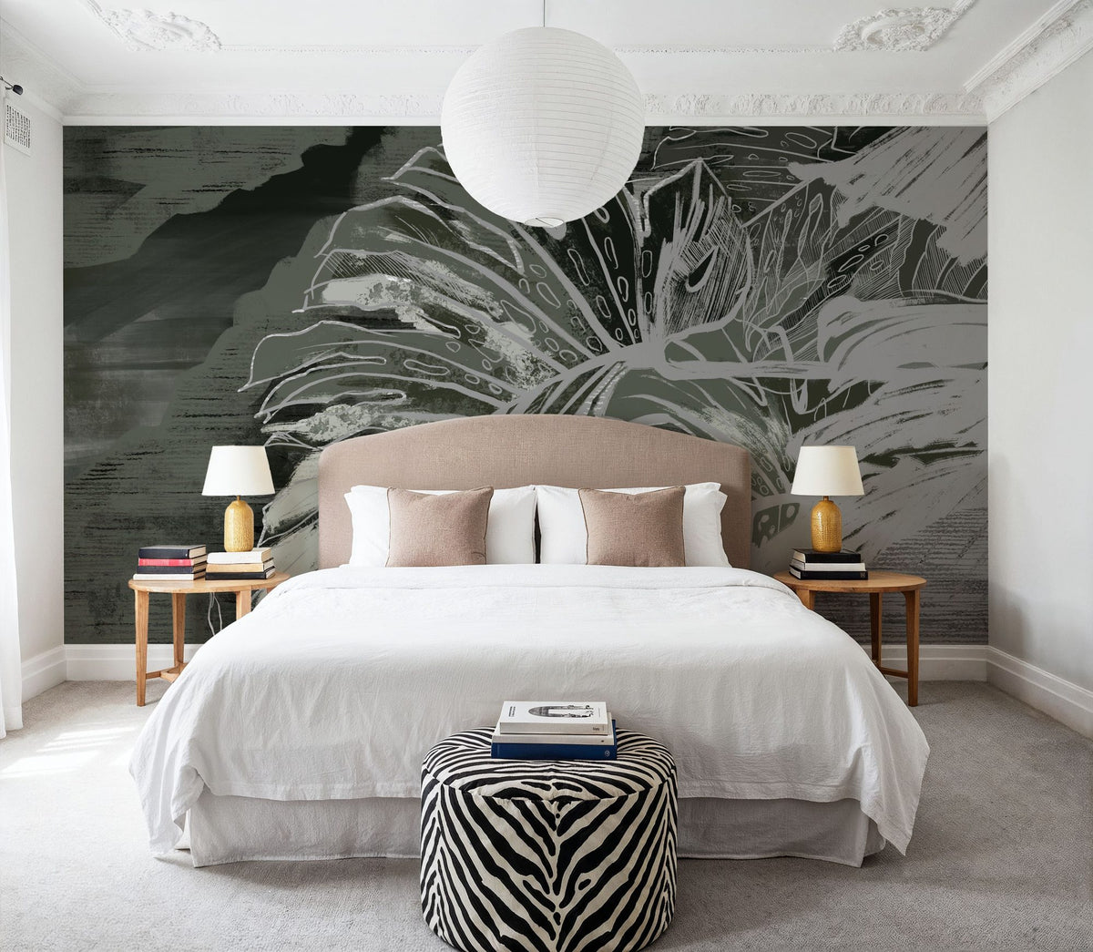 High Grunge Leaves Mural Wallpaper - Neutral Tone - room preview 06