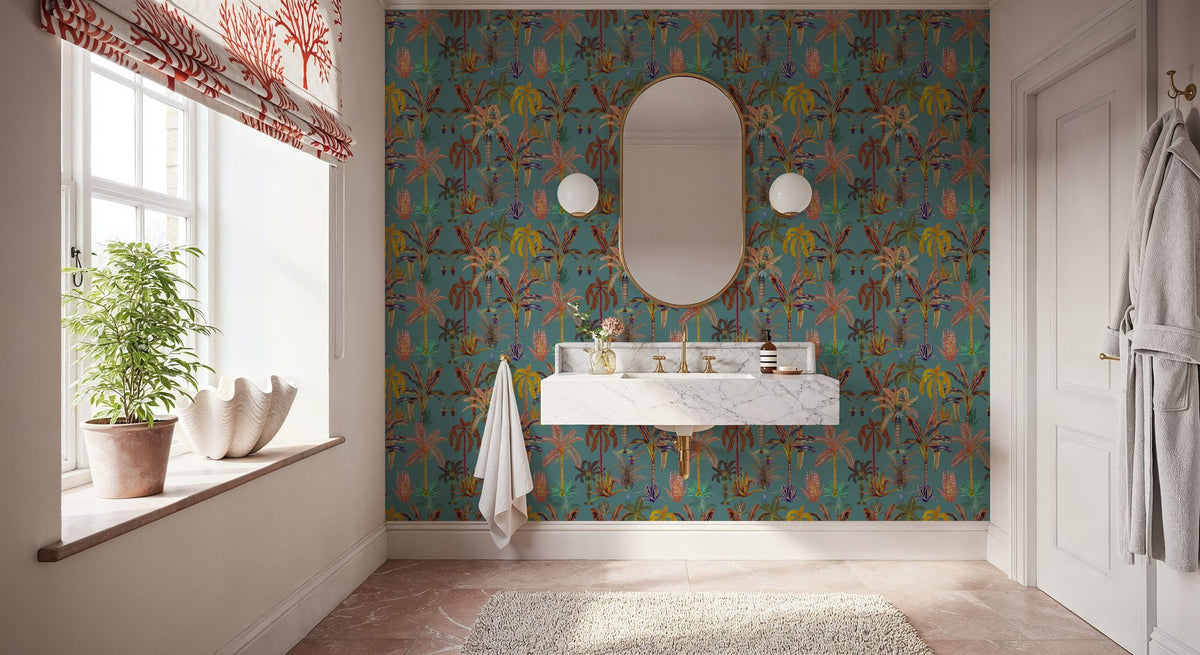 Statement Palms Petite, Turquoise Mural Wallpaper - room preview 06