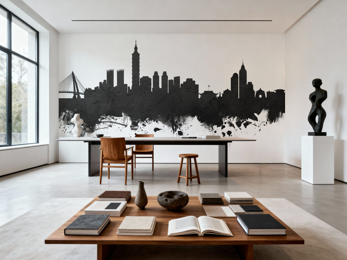 Taipei Taiwan Skyline Black & White Mural Wallpaper - room preview 06