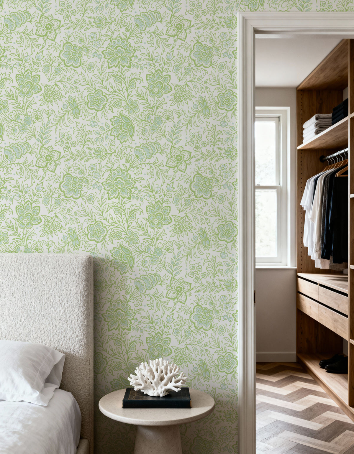 Kala Flowers Green on White Mural Wallpaper - room preview 06