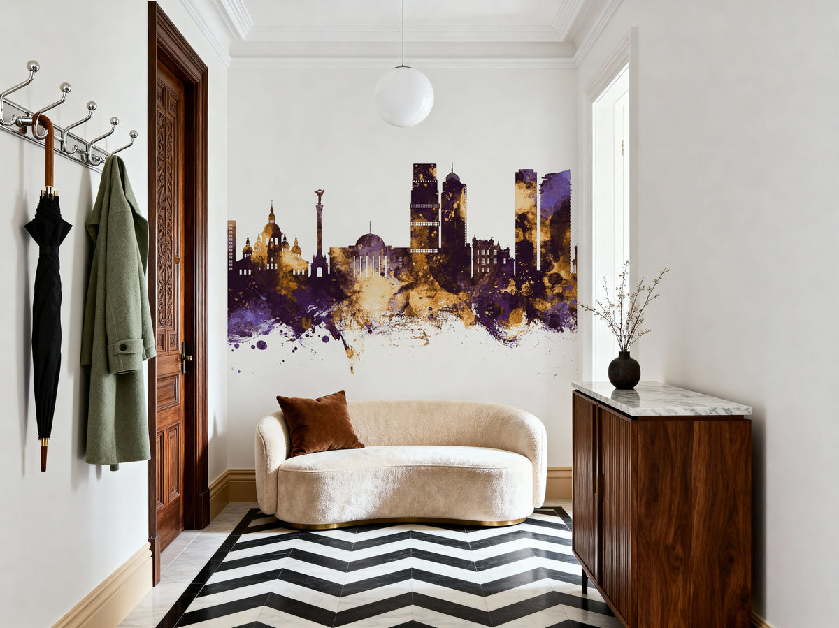 Kyiv Ukraine Skyline Purple & Gold Mural Wallpaper - room preview 06