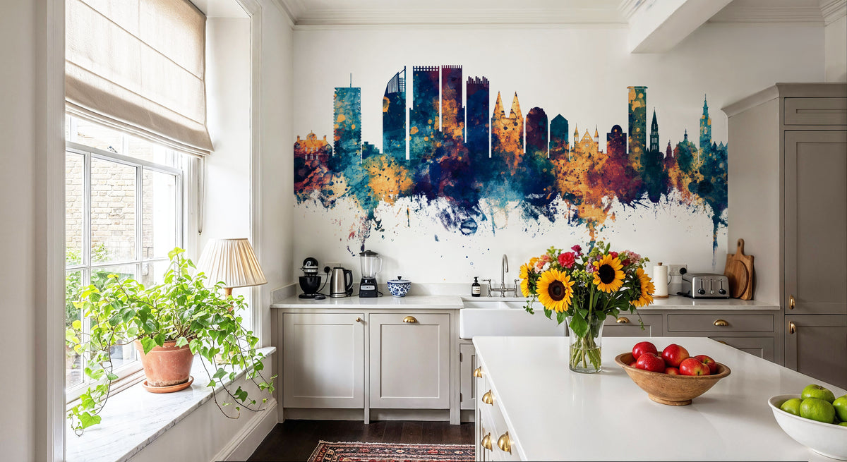 The Hauge Netherlands Skyline Blue & Bronze Mural Wallpaper - room preview 06