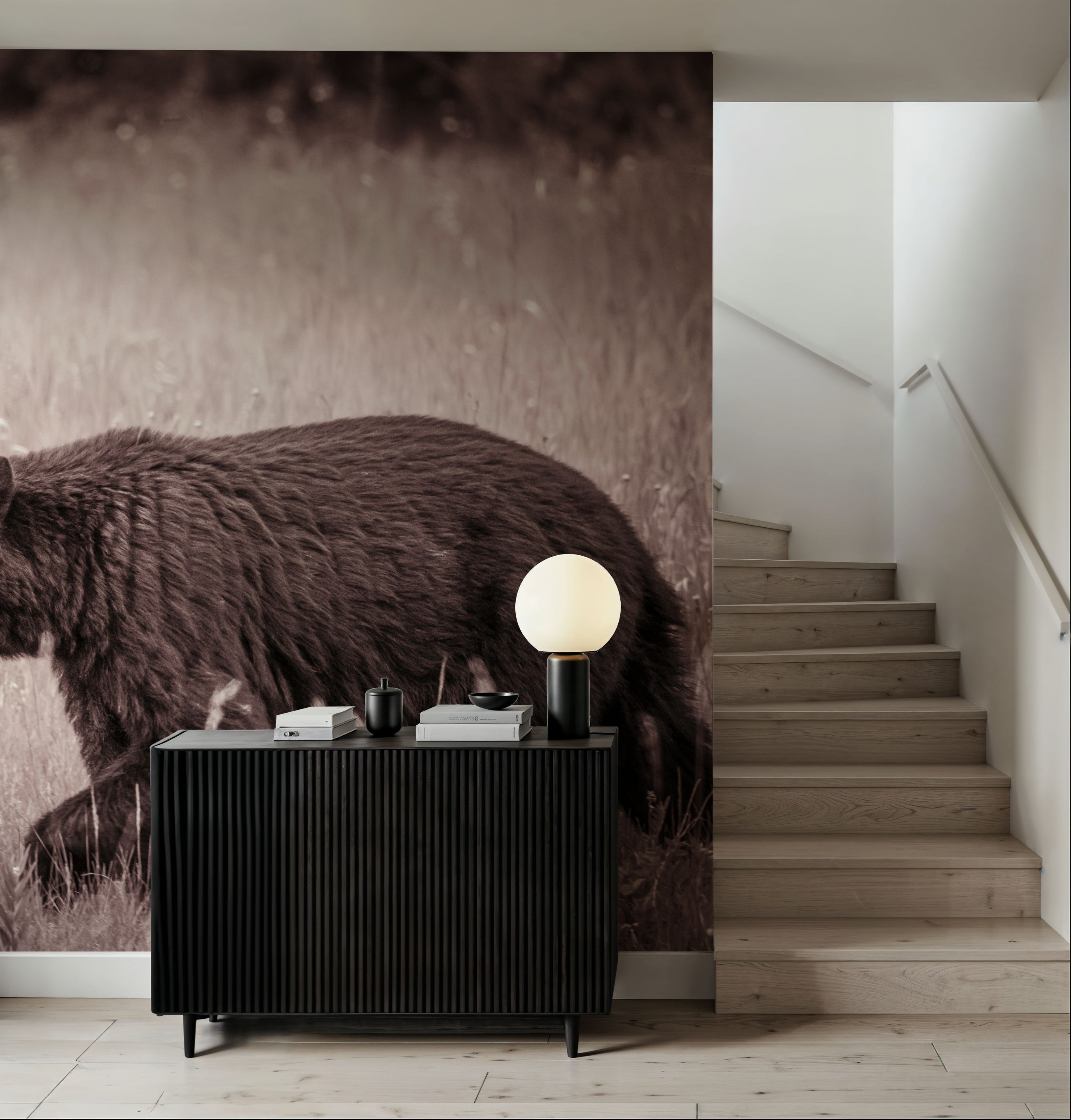 Black Bear in British Columbia Sepia Tones Mural Wallpaper