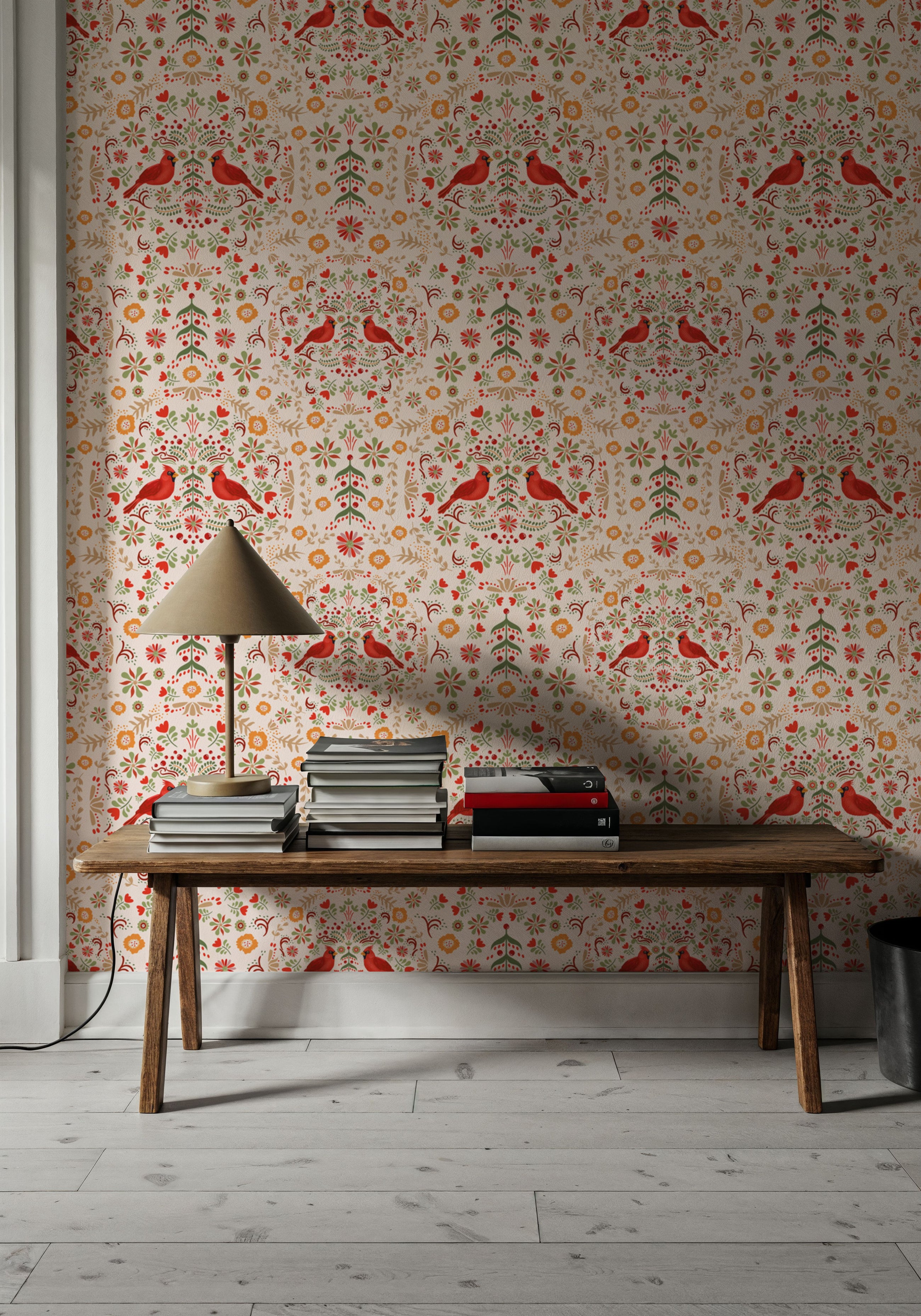 Cardinal Christmas, Cream Mural Wallpaper