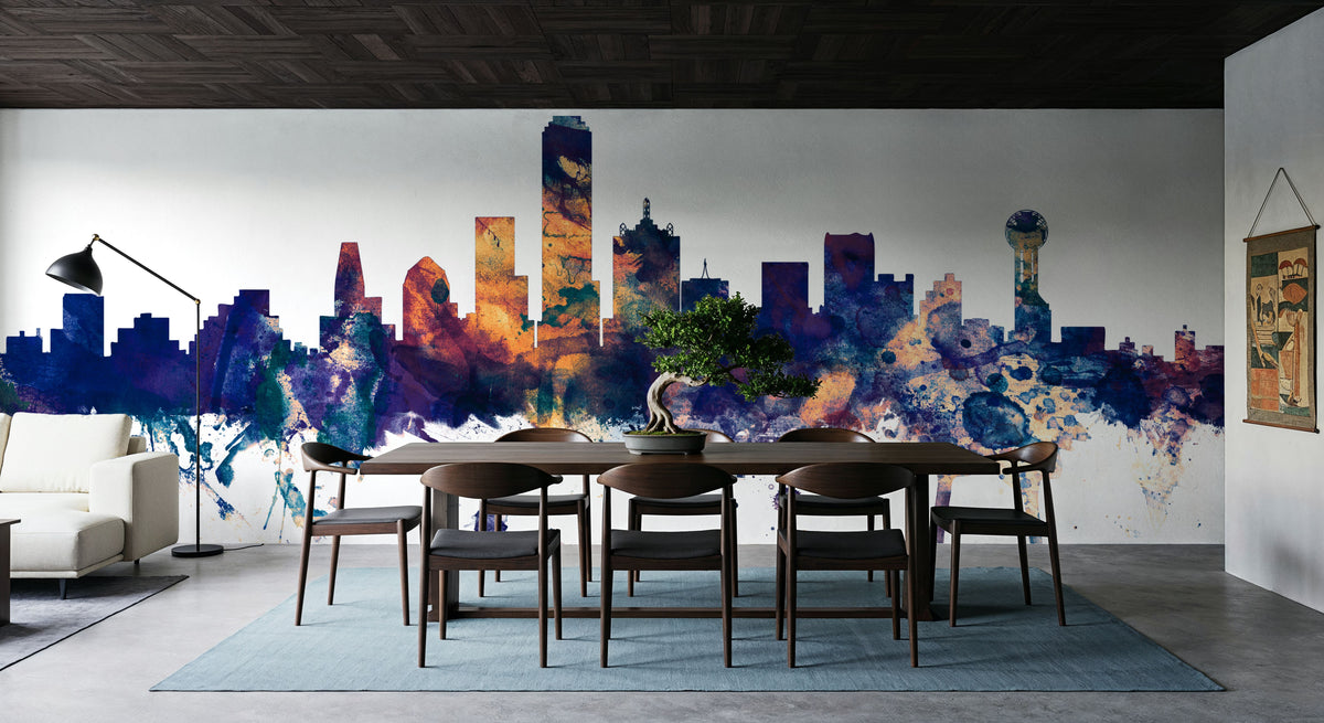Dallas Skyline Blue & Bronze Mural Wallpaper - room preview 06